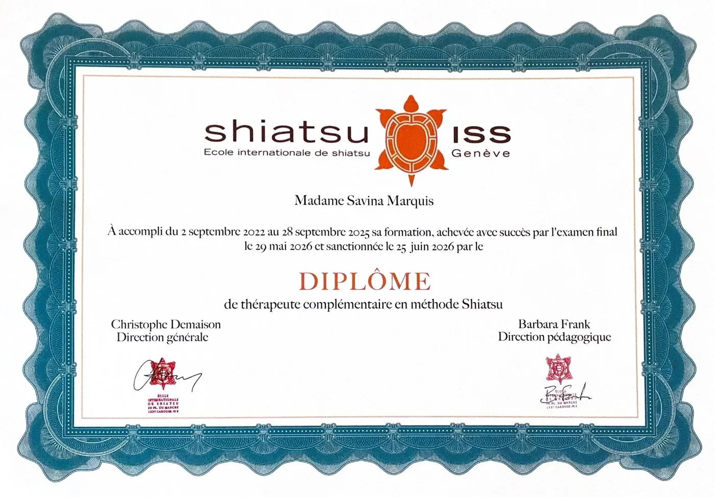 Thérapeute complémentaire en méthode Shiatsu · Shiatsu ISS, Genève · Savina Marquis
